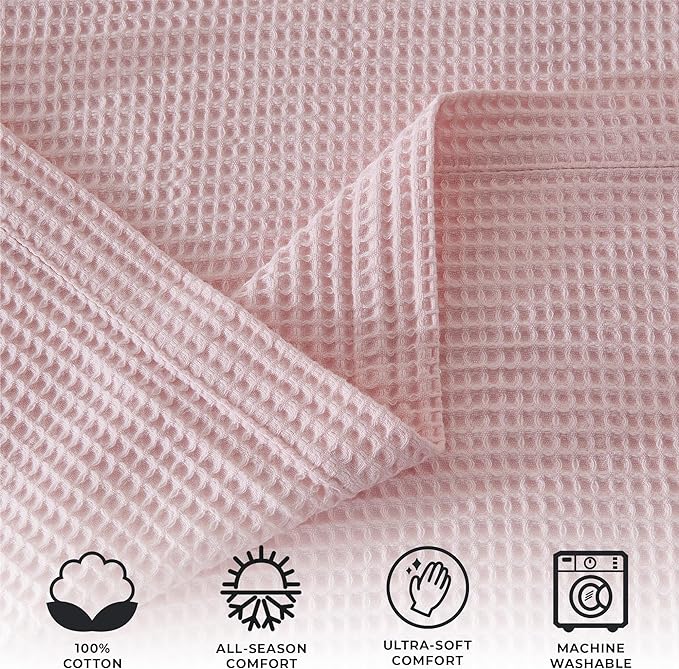 100% Cotton Blanket for King Size Bed - Pink Waffle Weave Lightweight Summer Bed Blanket - 102x90in Prewashed Breathable, Woven, Layering Blanket (King, Blush)