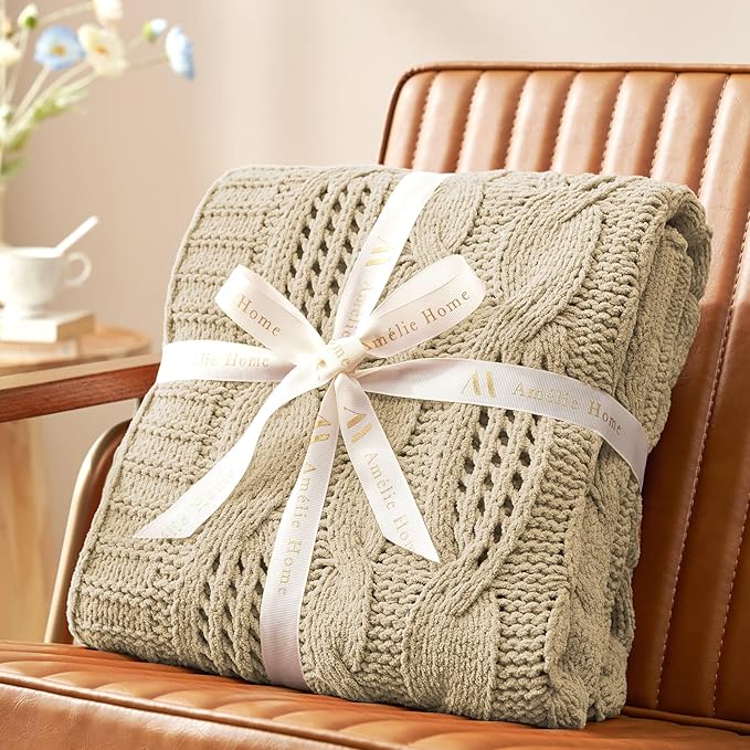 Amélie Home Chunky Knit Chenille Throw Blanket, Breathable Cable Knitted Blanket for Couch, Farmhouse Decorative Throw for Sofa Chair Bed, 60"x80", Beige