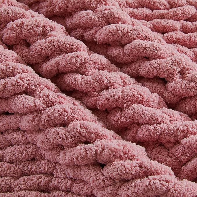 Carriediosa Chunky Knit Throw Blanket 50" X 60", 100% Hand Made Large Chenille Loop Yarn Soft Fluffy Throws for Couch Sofa Bed, Big Crochet Cozy Heavy Thick Cable Woven Blanket, Mauve