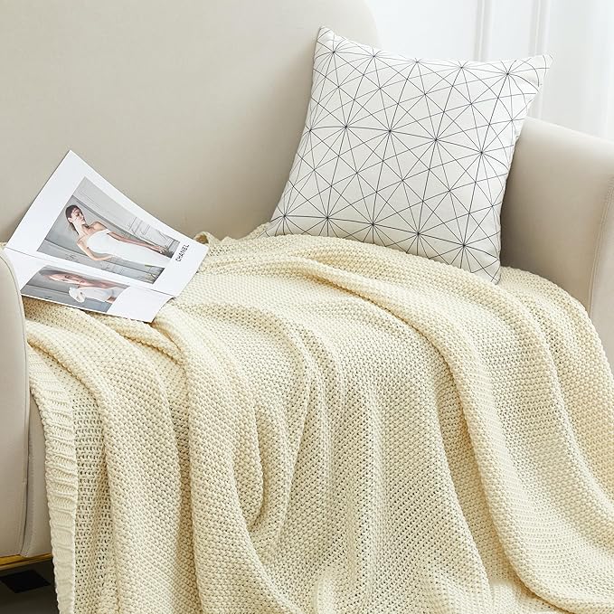 Aganear Knit Throw Blanket for All Seasons, Soft Comfy Lightweight Cable Knitted Throw for Living Room, Bed, Office, Travel, Boho Room Decor (50"x60", Beige)