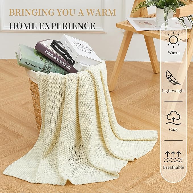 Aganear Knit Throw Blanket for Couch, Knit Throw Blanket for All Seasons, Soft Comfy Lightweight Cable Knitted Throw Blanket for Living Room Bed Office Travel Boho Room Decor(60"x80", Biege)