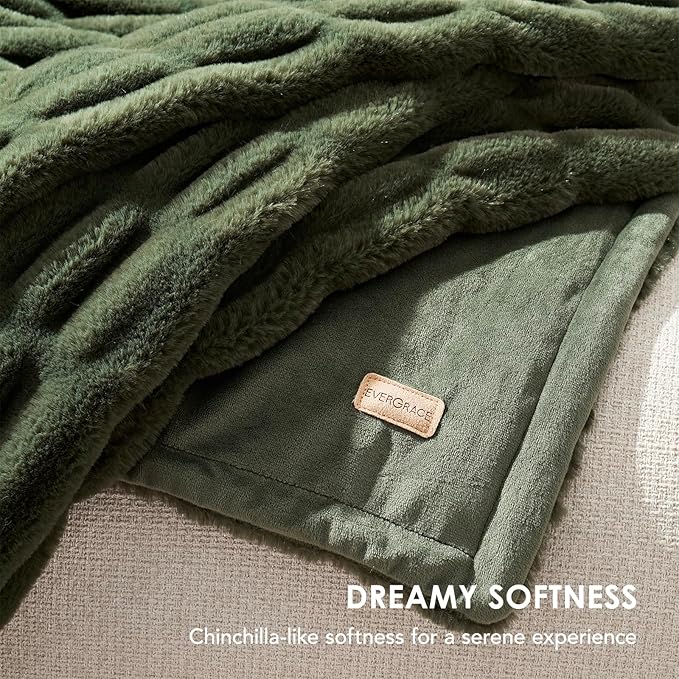 EVERGRACE Luxurious Soft Faux Rabbit Fur Throw Blanket, Cozy Fuzzy Plush Warm Throws for Couch Bed Sofa Chair Home Decor, Ruched Bubble Fluffy Blanket with Reversible Velvet, 50" x 60", Loden Green