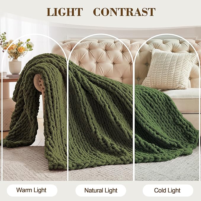 Carriediosa Chunky Knit Throw Blanket 60" X 80" Twin, 100% Hand Made Large Chenille Loop Yarn Soft Fluffy Throws for Couch Sofa Bed, Big Crochet Cozy Heavy Thick Cable Woven Blankets, Olive Green