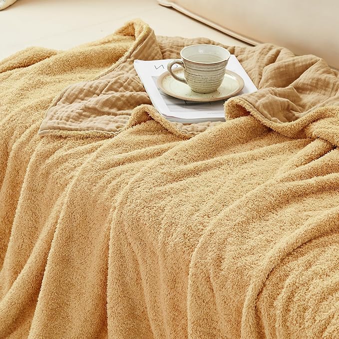 EMME Muslin Cotton Fleece Throw Blanket Reversible - 50"*60" Beige Soft Warm Throw Blankets for Couch Bed Picnic Travel Bed