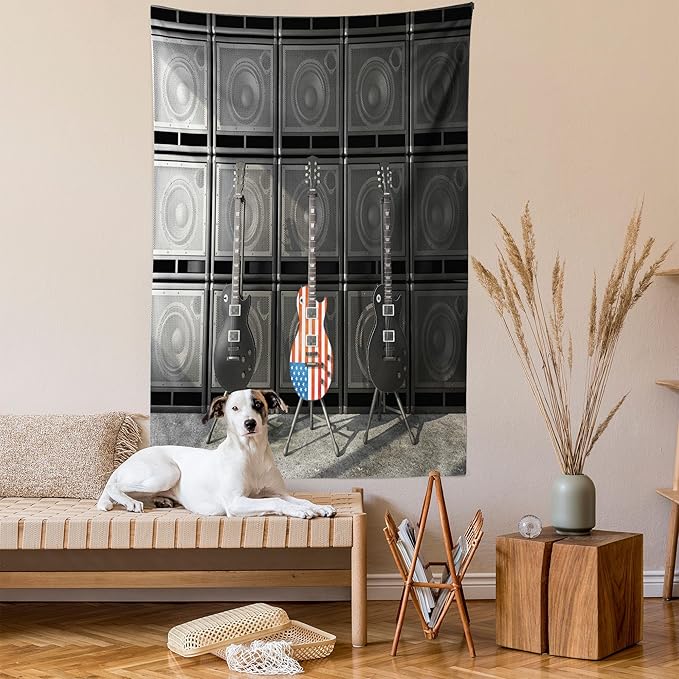 Ambesonne American Flag Tapestry, Black and Us Bass Guitar Electronic Rock Music Theme Digital Graphic Work, Wall Hanging for Bedroom Living Room Dorm Decor, 40" X 60", Charcoal Red