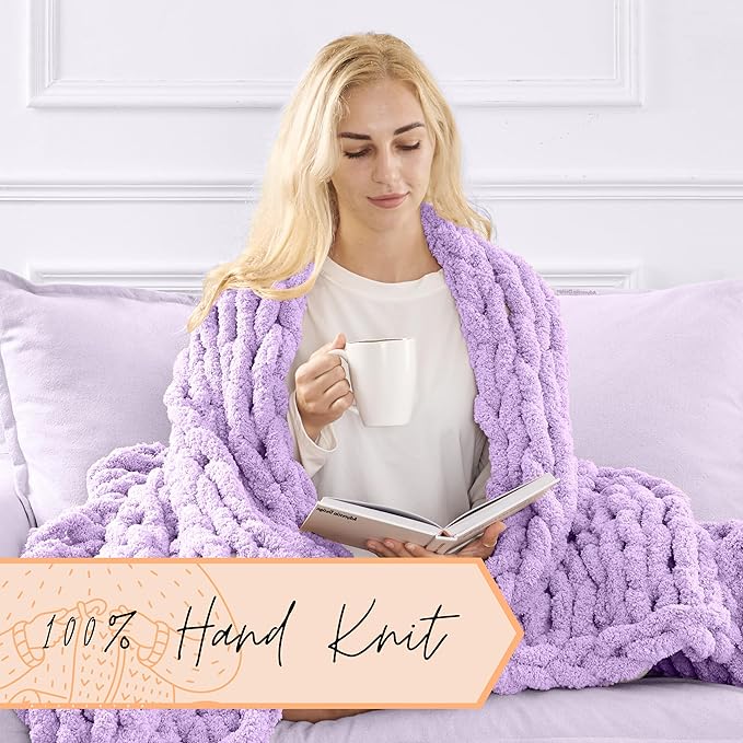 Adyrescia Chunky Knit Blanket Throw | 100% Hand Knit with Jumbo Chenille Yarn (50"x60", Pale Purple)