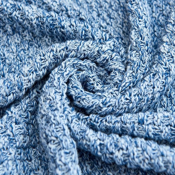Longhui bedding Blue Knitted Throw Blanket for Couch, Soft, Cozy Machine Washable 100% Cotton Sofa Knit Blankets, Heavy 2.8lb Weight, 51 x 63 Inches, Blue and White Color, Laundry Bag Included