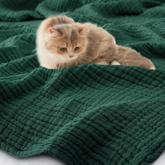 Carriediosa 100% Cotton Muslin Throw Blanket 70" X 80" Twin Size,4-Layers Summer Gauze Throws for Bed Couch,Soft Lightweight Breathable Linen Blankets Bedspread for Adults All Season,Dark Green