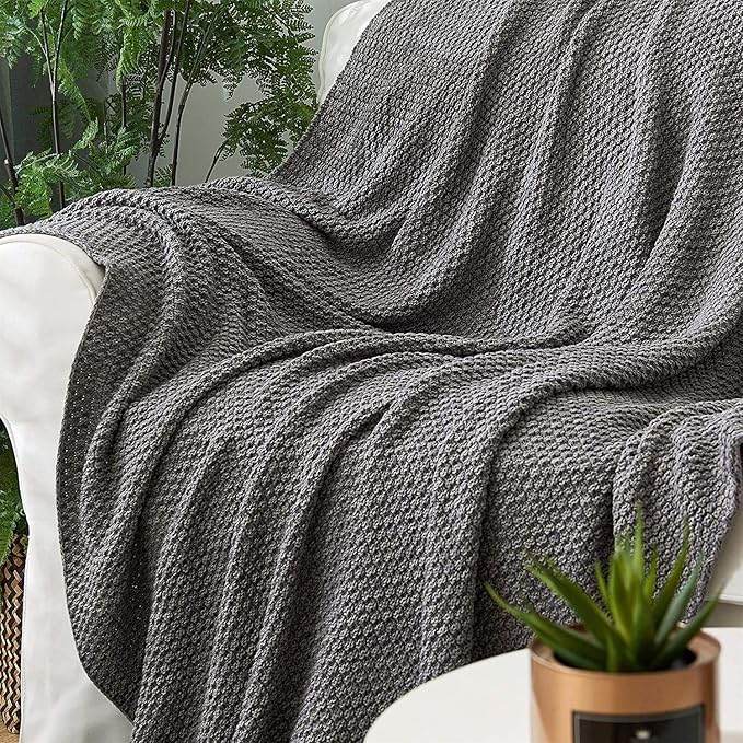 Longhui bedding Grey Knitted Throw Blanket for Couch, Soft, Cozy Machine Washable 100% Cotton Sofa Cable Knit Blankets, 4.0lb Weight, 60 x 80 Inches Oversized, Grey White Color