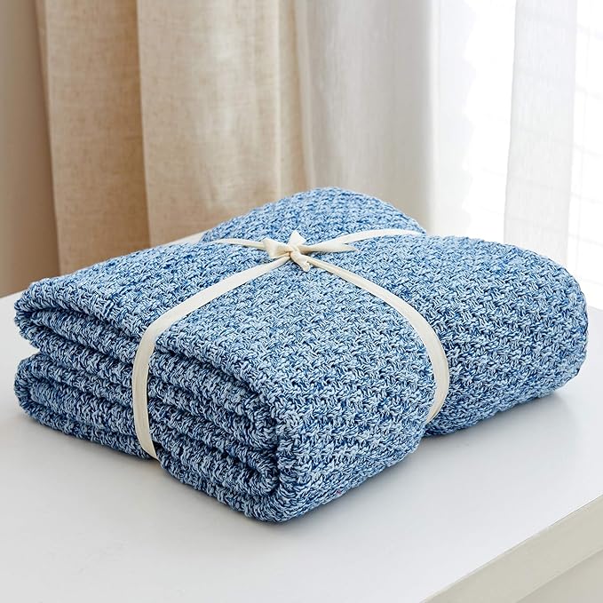 Longhui bedding Blue Knitted Throw Blanket for Couch, Soft, Cozy Machine Washable 100% Cotton Sofa Knit Blankets, Heavy 2.8lb Weight, 51 x 63 Inches, Blue and White Color, Laundry Bag Included