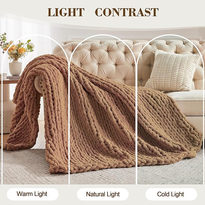 Carriediosa Chunky Knit Throw Blanket 60" X 80" Twin, 100% Hand Made Large Chenille Loop Yarn Soft Fluffy Throws for Couch Sofa Bed, Big Crochet Cozy Heavy Thick Cable Woven Blanket, Light Brown