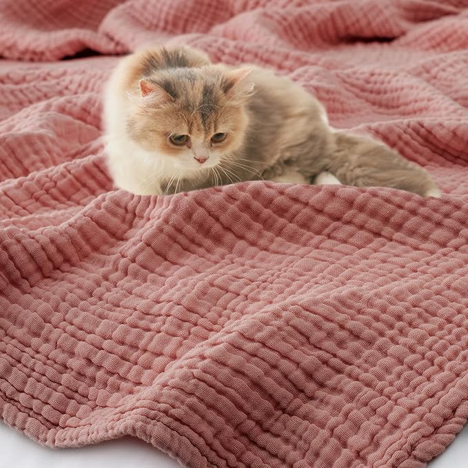 Carriediosa 100% Cotton Muslin Throw Blanket 90" X 90" Queen Size,4-Layers Summer Gauze Throws for Bed Couch,Soft Lightweight Breathable Linen Blankets Bedspread for Adults All Season,Mauve