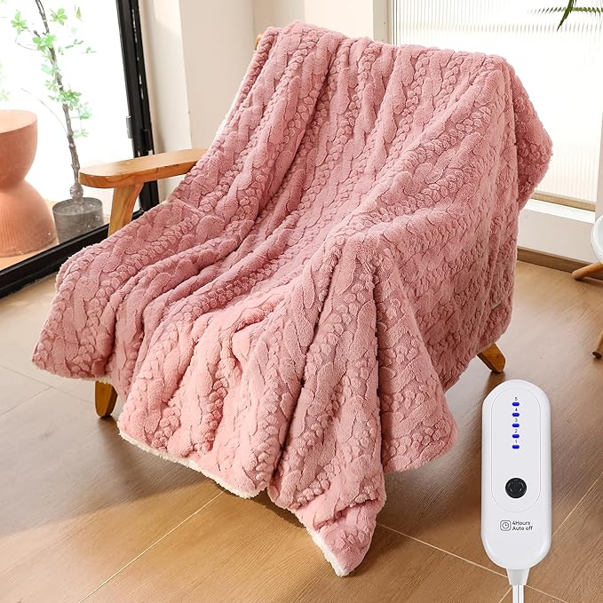 ESTINGO Electric Blanket Throw - 50x60 Rabbit Faux Fur Heating Blanket Throw 4 Hours Auto-Off 5 Heat Levels Overheat Protection Luxury Faux Fur Sherpa Heated Blanket ETL Certification, Candy Pink