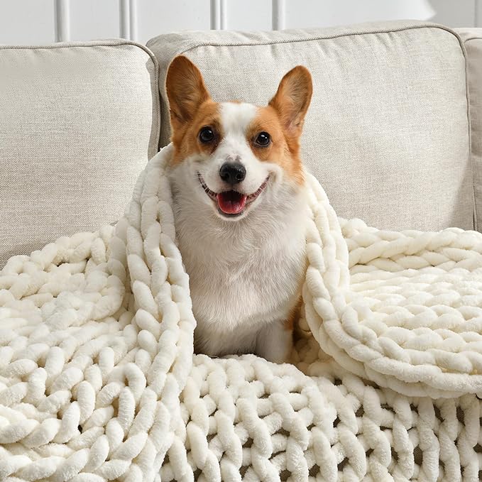 Soft Chunky Knit Blanket, 60X80 in Handmade Thick Chenille Yarn Throw Without Shedding & Raveling, Aesthetic & Cozy Home Decor with Couch Sofa Bed, Gift Pack, Ivory White