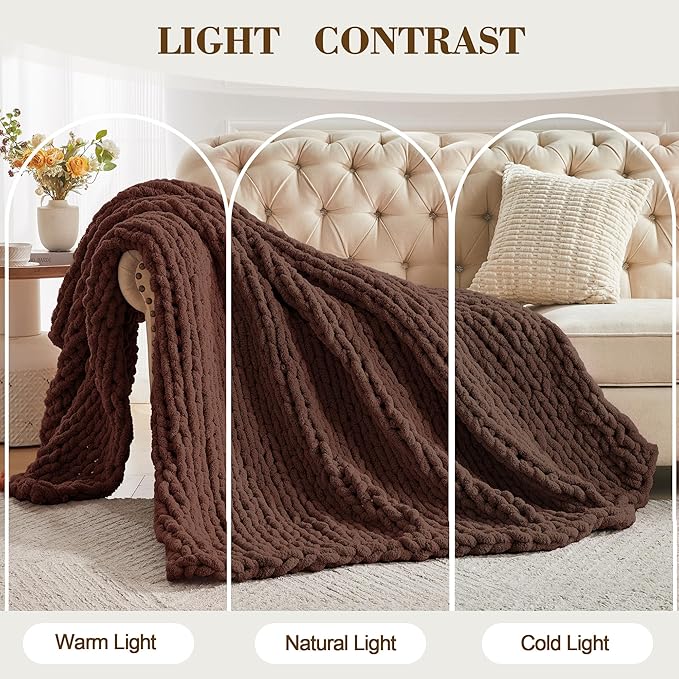 Carriediosa Chunky Knit Throw Blanket 60" X 80" Twin, 100% Hand Made Large Chenille Loop Yarn Soft Fluffy Throws for Couch Sofa Bed, Big Crochet Cozy Heavy Thick Cable Woven Blanket, Cocoa Brown