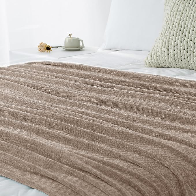Chenille Throw Blanket for Couch 60"X 80" Twin, Soft Cozy Throws with Fringe Tassel for Bed Sofa Chair, Lightweight Knitted Decorative Farmhouse Boho Blankets for Gift, Taupe