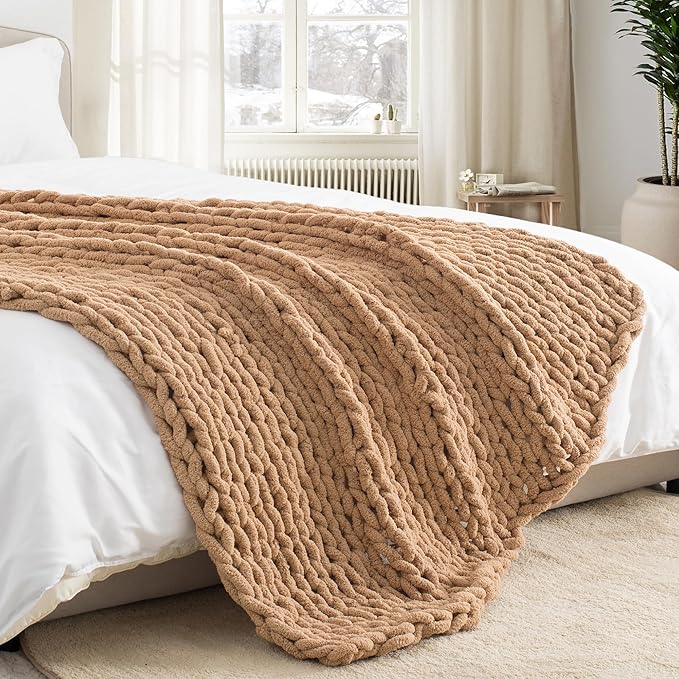 Chunky Knit Throw Blanket 60"X 80", 100% Handmade with Soft Chenille Yarn, 6.7lbs Thick Cable Knitted Blankets, Large Rope Knot Crochet Throws for Couch Sofa Bed Home Decor, Tan Brown