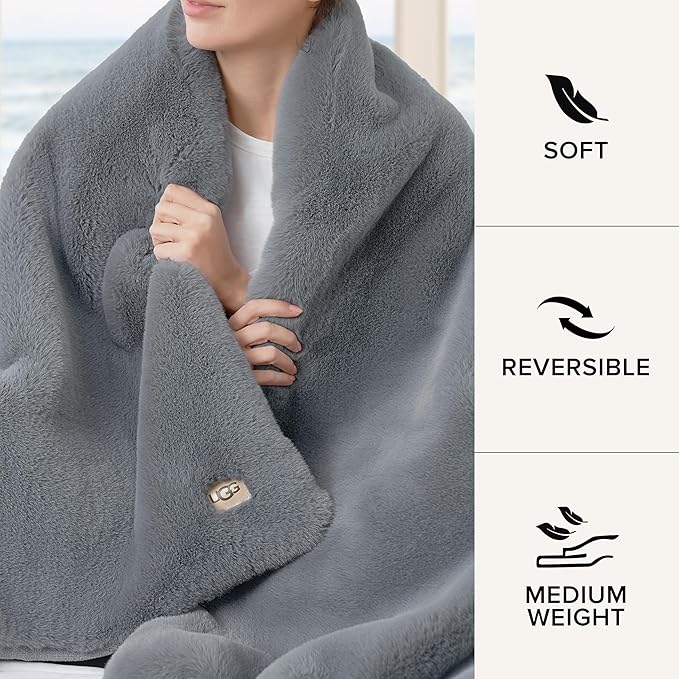 UGG Euphoria Plush Faux Fur Throw Blanket Medium Weight Reversible Luxury Soft Throw for Couch Bed or Chair Hypoallergenic Machine Washable Home Decor Blanket, 50-inch x 70-inch, Chambray Blue Grey