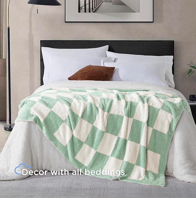 Oversized King Checkered Blanket for Couch - Super Soft Extra Large Throw Blankets for Bed, Fluffy Fuzzy Plush Lightweight Cozy Blanket,120" x 120",Sage Green