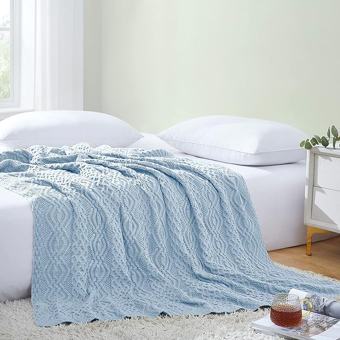 Aormenzy Light Blue Cable Knit Throw Blanket, Soft & Warm Knitted Blanket Throw for Couch Bed Sofa Living Room, 50 x 60 inch