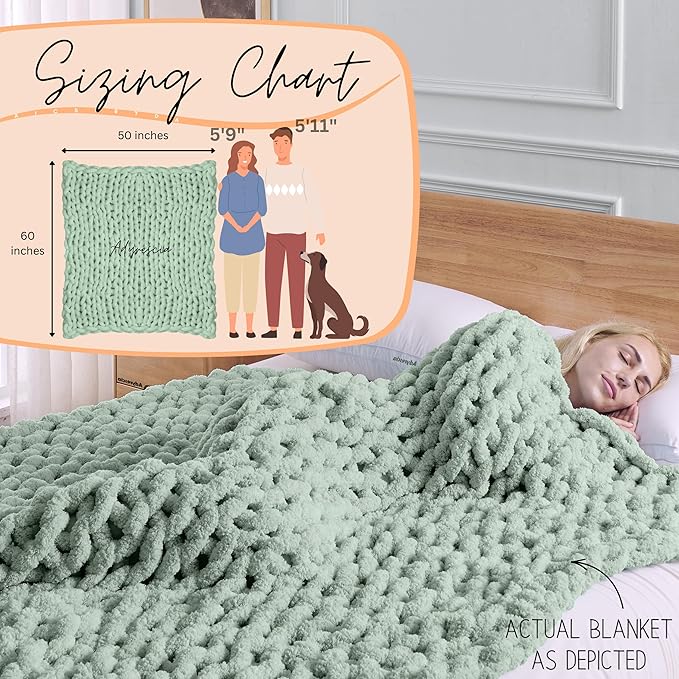 Adyrescia Chunky Knit Blanket Throw | 100% Hand Knit with Jumbo Chenille Yarn (50"x60", Sage Green)