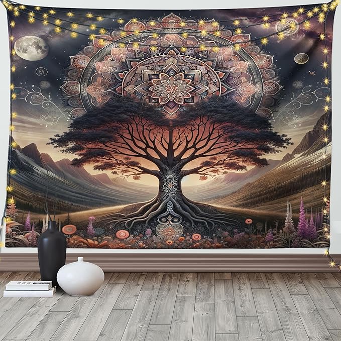 Ambesonne Hippie Tapestry, Scandi Myth Tree of Life and Trippy Floral Motif with Space Landscape, Wide Wall Hanging for Bedroom Living Room Dorm, 60" X 40", Dark Slate Blue Indigo