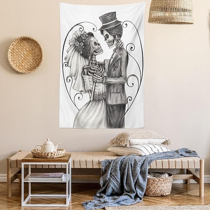 Ambesonne Day of the Dead Tapestry, Love Skull Skeleton Marriage Eternal Love Theme Spanish Art, Wall Hanging for Bedroom Living Room Dorm Decor, 60" X 80", Dimgrey White