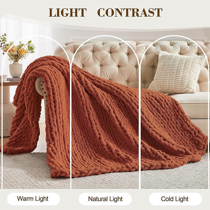 Carriediosa Chunky Knit Throw Blanket 50" X 60", 100% Hand Made Large Chenille Loop Yarn Soft Fluffy Throws for Couch Sofa Bed, Big Crochet Cozy Heavy Thick Cable Woven Blankets, Rust
