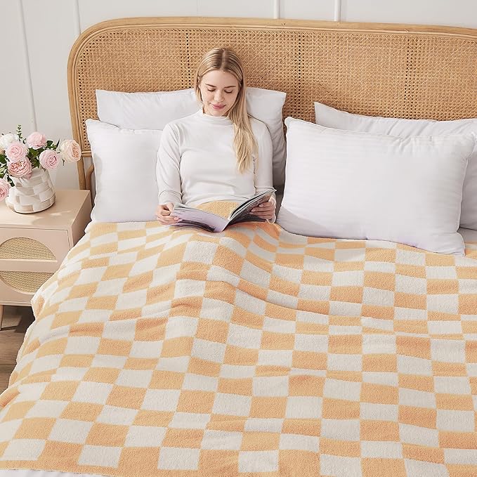 JOOJA Soft Cozy Checkerboard Peach Blanket Fluffy Knit Throw for Couch Plaid Checkered 50x60 in