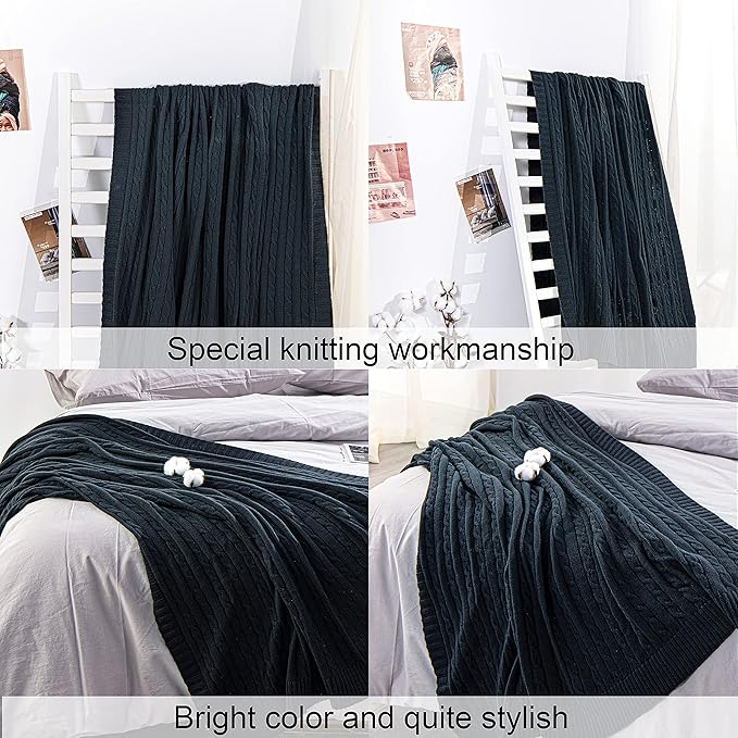 NTBAY 100% Pure Cotton Oversize (60x80) Cable Knit Throw Blanket, Super Soft Warm Knitted Throw Blanket for Bed, Sofa, Chair, Couch - Extra Cozy, Machine Washable, Comfortable Home Decor, Navy