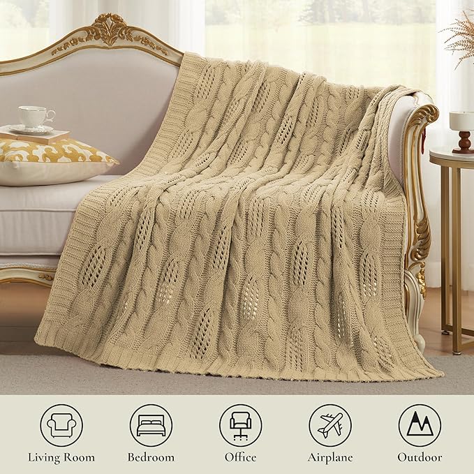 Amélie Home Chunky Knit Chenille Throw Blanket, Breathable Cable Knitted Blanket for Couch, Farmhouse Decorative Throw for Sofa Chair Bed, 60"x80", Beige