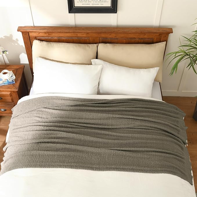 JOOJA Taupe Knit Throw Blanket Knitted Boucle Blankets Decorative Soft Fuzzy Throw Bed Blanket for Women Couch 50x60 Inches Taupe