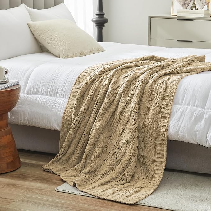 Amélie Home Chunky Knit Chenille Throw Blanket, Breathable Cable Knitted Blanket for Couch, Farmhouse Decorative Throw for Sofa Chair Bed, 60"x80", Beige
