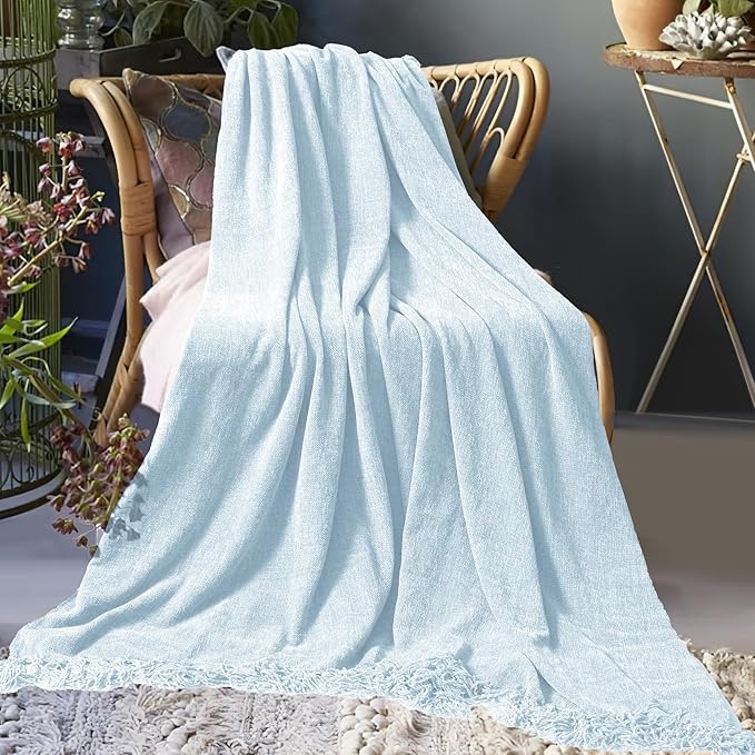 Chenille Throw Blanket for Couch 50"X 60", Soft Cozy Throws with Fringe Tassel for Bed Sofa Chair Cover, Lightweight Knitted Decorative Boho Blankets for Living Room, Light Blue
