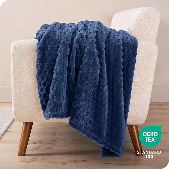 Bare Home Textured Fleece Microplush Blanket - King - Lightweight Throw for Bed, Sofa, Couch, Movie Night, Camping, and Travel - Ultra Soft Warm Blanket (King, Waffle Dark Blue)