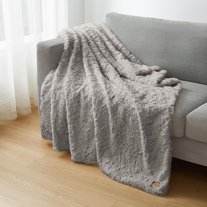 UGG Adalee Faux Fur Throw Blanket Luxury Lightweight Cozy Soft Throw for Couch Bed or Chair Hypoallergenic Machine Washable Double-Sided Fluffy Blanket Home Decor, 50-inch x 70-inch, Seal Grey