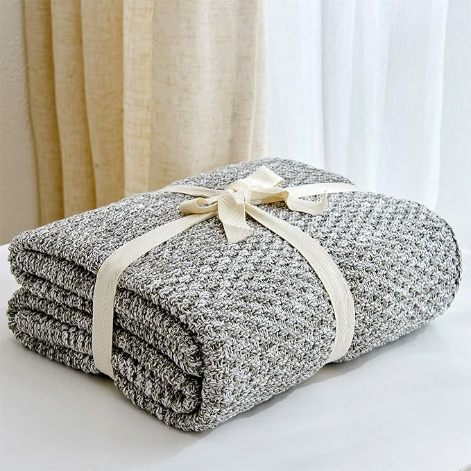 Longhui bedding Knitted Throw Blanket for Couch, Soft, Cozy Machine Washable 100% Cotton Sofa Blanket, Heavy 2.5lb Weight, Laundry Bag Included, Grey and White