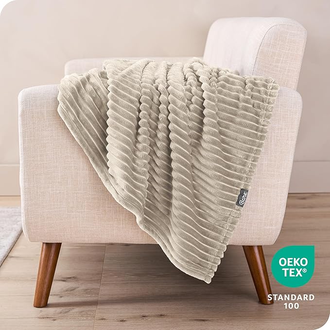 Bare Home Textured Fleece Microplush Blanket - Lightweight Throw for Bed, Sofa, Couch, Camping, and Travel - Ultra Soft Warm Blanket (Throw, Ribbed Oyster)