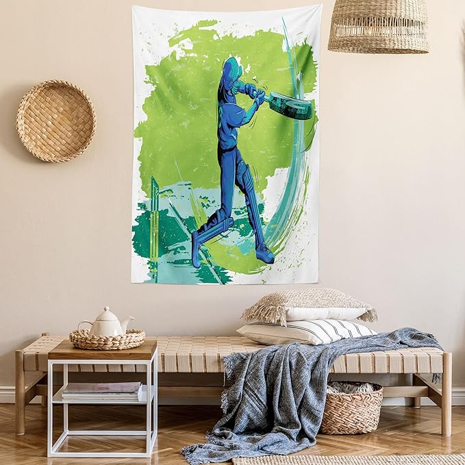 Ambesonne Sports Tapestry Queen Size, Cricket Player Pitching Win Game Champion Team Paintbrush Effect, Wall Hanging Bedspread Bed Cover Wall Decor, 88" X 88", Blue Turquoise