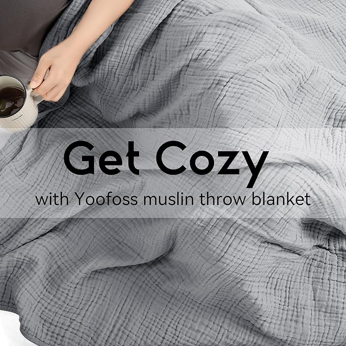 Yoofoss Muslin Blanket 100% Cotton Throw Large 50" x 60" for Bed Couch Summer Gauze Blanket for Adults Lightweight and Breathable Grey
