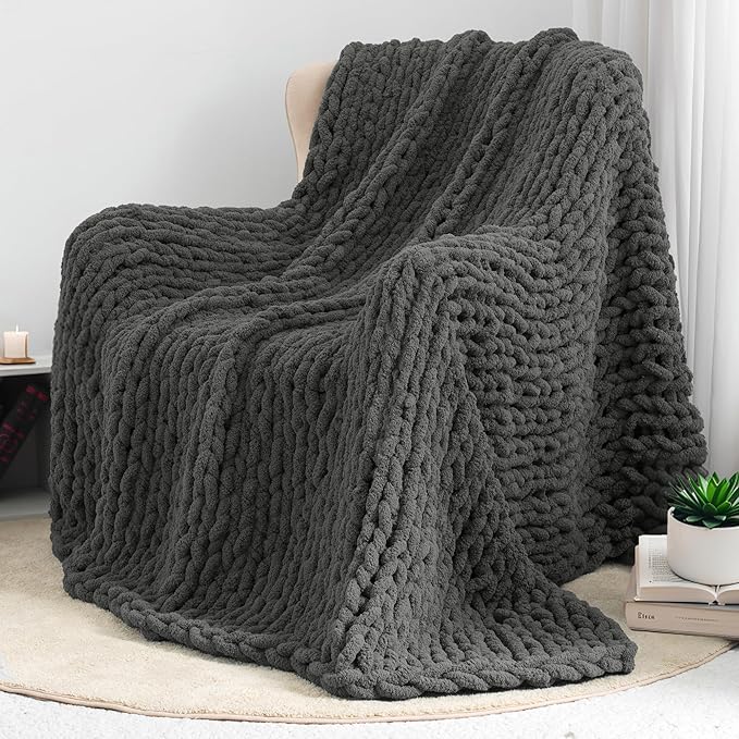Chunky Knit Throw Blanket 60"X 80", 100% Handmade with Soft Chenille Yarn, 6.7lbs Thick Cable Knitted Blankets, Large Rope Knot Crochet Throws for Couch Sofa Bed Home Decor, Dark Grey