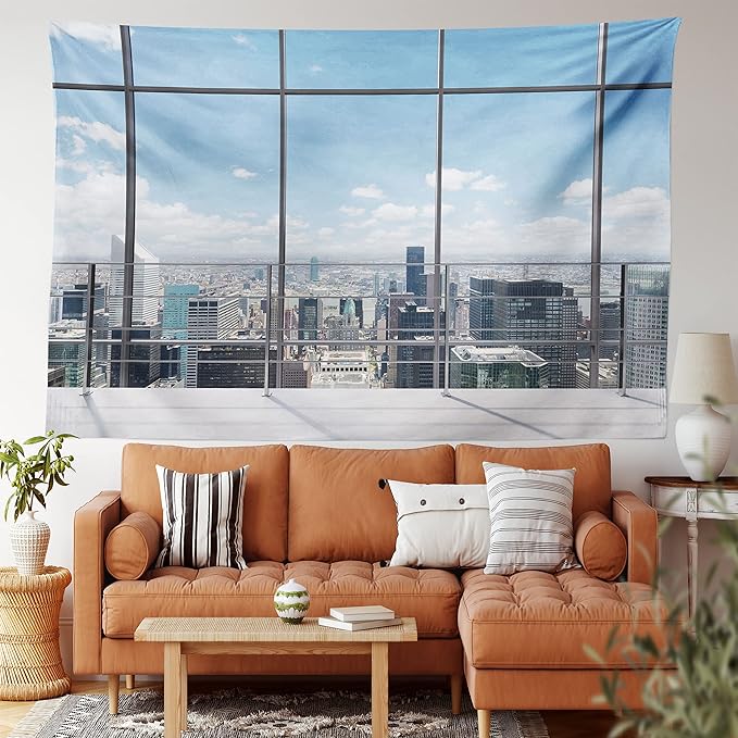 Ambesonne Urban Tapestry, Modern Office Work Place View to City Architecture Contemporary Plan, Wide Wall Hanging for Bedroom Living Room Dorm, 80" X 60", White