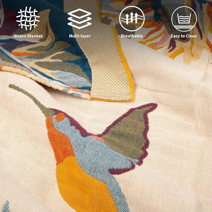 MACEVIA 100% Cotton Boho Throw Blanket, Soft Lightweight Butterfly Floral Design, 80"x90" Large Bedspread for Queen Bed, Couch Sofa, Cottagecore Decor(Butterfly Floral)