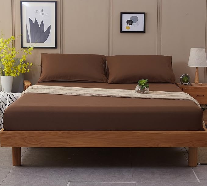 SONORO KATE Bed Sheet Set Super Soft Microfiber 1800 Thread Count Luxury Egyptian Sheets 16-Inch Deep Pocket Wrinkle and Hypoallergenic-4 Piece(King Brown)