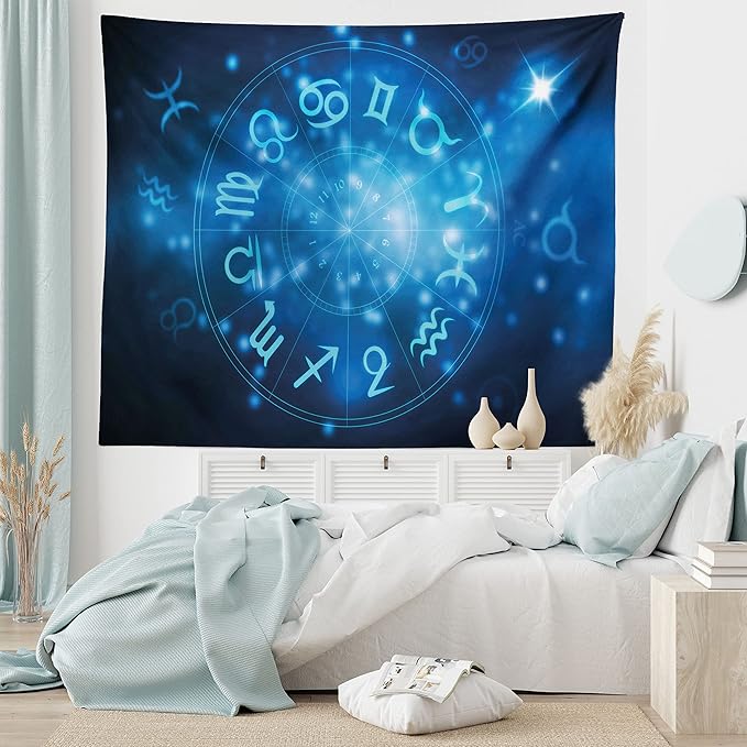 Ambesonne Astrology Tapestry King Size, Abstract Horoscope Wheel with Signs Aquarius Lion Taurus Libra, Wall Hanging Bedspread Bed Cover Wall Decor, King Size, Navy Blue Sky Blue