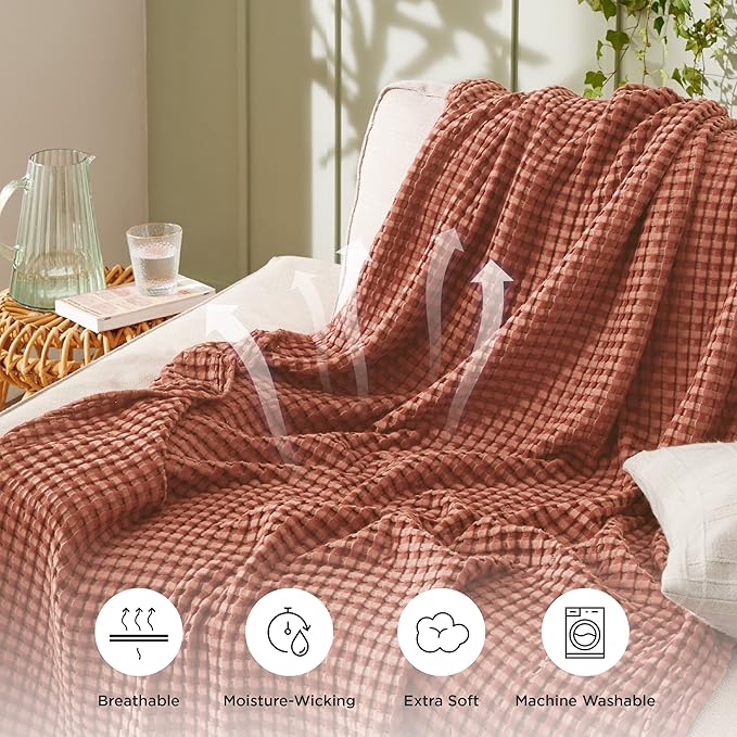 Bedsure Cooling Cotton Waffle King Size Blanket - Lightweight Breathable Blanket of Rayon Derived from Bamboo for Hot Sleepers, Luxury Throws for Bed, Couch and Sofa, Red Orange, 104x90 Inches