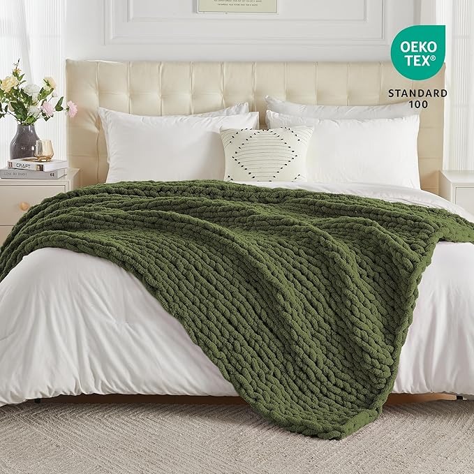 Carriediosa Chunky Knit Throw Blanket 60" X 80" Twin, 100% Hand Made Large Chenille Loop Yarn Soft Fluffy Throws for Couch Sofa Bed, Big Crochet Cozy Heavy Thick Cable Woven Blankets, Olive Green