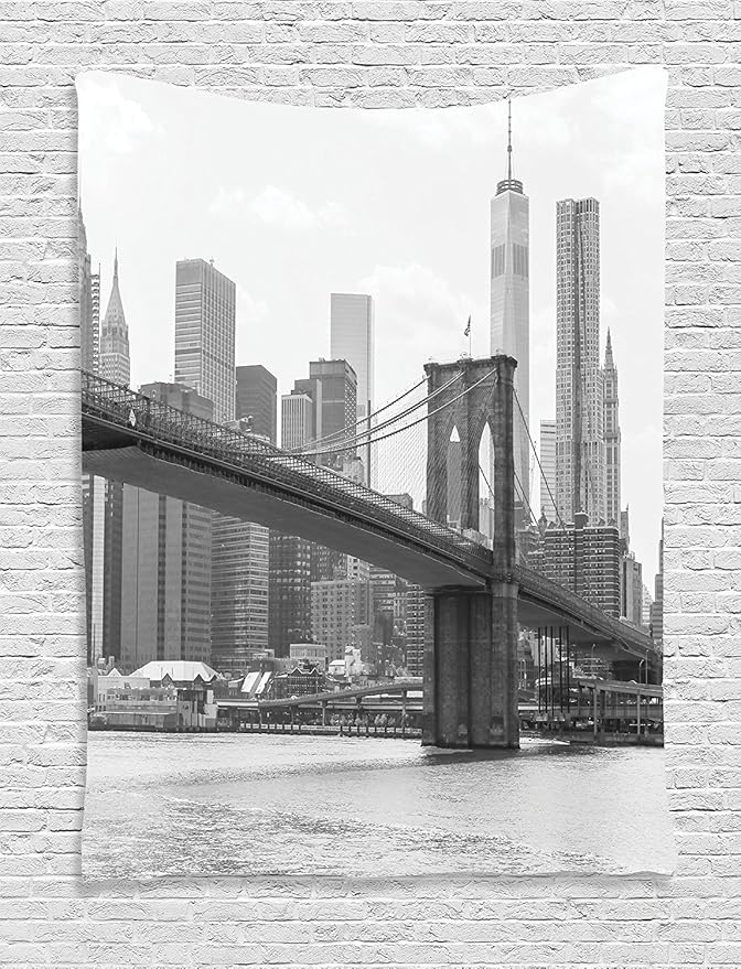 Ambesonne Landscape Tapestry, Photo of Brooklyn Bridge Over East River and Tall Buildings Skylines at The Back, Wall Hanging for Bedroom Living Room Dorm Decor, 40" X 60", Purple Green