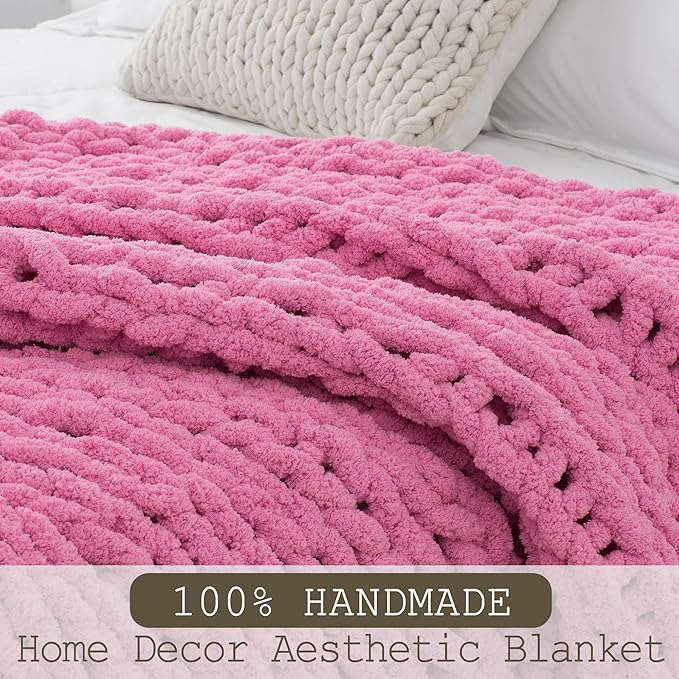 Chunky Knit Throw Blanket 60"X 80", 100% Handmade with Soft Chenille Yarn, 4.4lbs Thick Cable Knitted Blankets, Large Rope Knot Crochet Throws for Couch Sofa Bed Home Decor, Hot Pink
