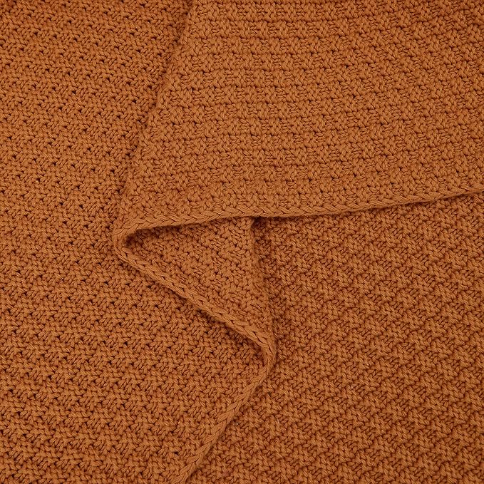 Longhui bedding Burnt Orange Knitted Throw Blanket for Couch, Soft, Cozy Machine Washable 100% Cotton Sofa Knit Blankets, Heavy 4.0lb Weight, 60 x 80 Inches, Laundry Bag Included
